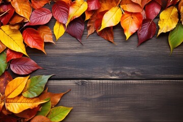 Naklejka na ściany i meble a group of colorful leaves on a wood surface