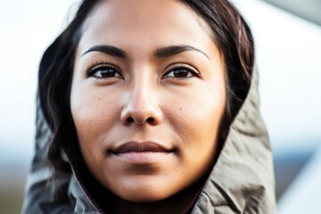 a woman with dark hair wearing a hooded jacket