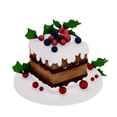 Christmas Dessert 3D , a christmas cake slice with pine cones red berries and blueberries Clipart on Transparent background . 3D Rendering