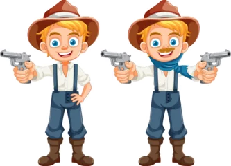 Crédence de cuisine en verre imprimé Enfants Young Cowboy in Country Farmer Attire with Gun