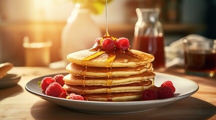 a stack of pancakes with raspberries and syrup on top