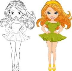 Crédence de cuisine en verre imprimé Enfants Beautiful Woman with Long Hair in Mini Dress Cartoon Character