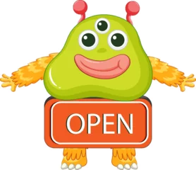 Crédence de cuisine en verre imprimé Enfants Friendly Monster Cartoon Character with Open Sign Banner