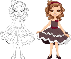 Crédence de cuisine en verre imprimé Enfants Party Princess: A Girl Cartoon Character in a Doodle Outline Dress