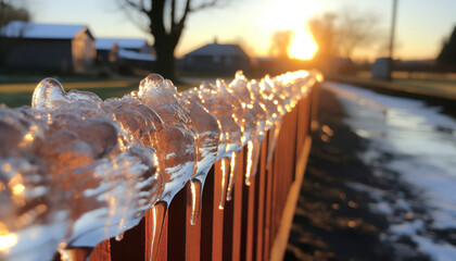 icicle water on a fence - obrazy, fototapety, plakaty