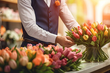 Man preparing bouquet of tulips in the store