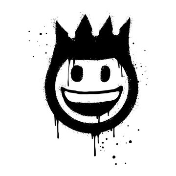 Smiling face emoji character with crown. Spray painted graffiti smile face in black over white. isolated on white background. vector illustration