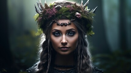 a woman with a crown of flowers and feathers