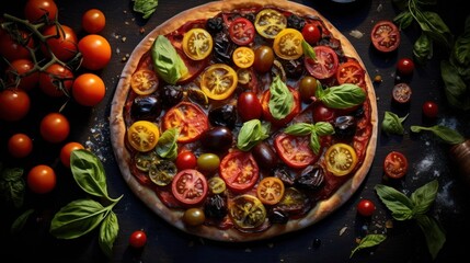 a pizza with tomatoes and basil on a table