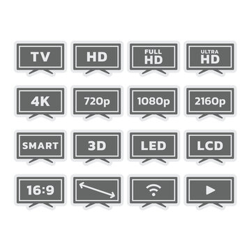 Tv, screen size and resolutions, smart television icons. Full and Ultra HD, Led display, ratio vector icon set.