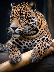a leopard holding a piece of wood