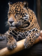 Obraz premium a leopard holding a piece of wood