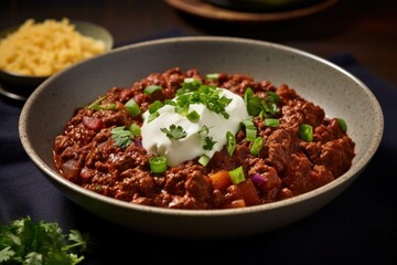 a bowl of food with sour cream and green onions