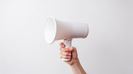 Hand holding white megaphone isolated on a white background