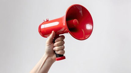 Hand holding red megaphone isolated on a white background