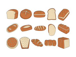 Bread Doodle Hand Drawn Illustration. Collection of Toast on White Background