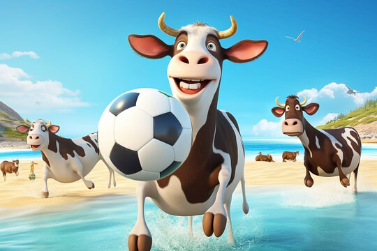 illustration of a Cows  playing ball on the beach
