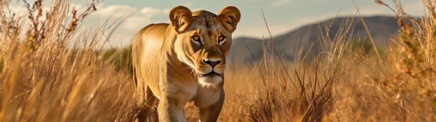Fototapeta premium a lion walking through tall grass