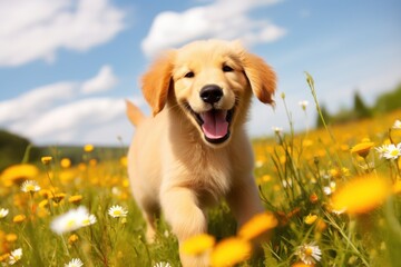 a puppy in a field of flowers
