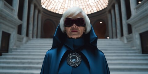 a woman in a blue cape and sunglasses