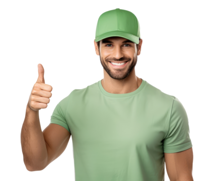 Man wearing green clothes showing thumbs up isolated on transparent background