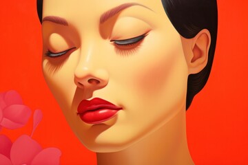 a woman with closed eyes and red lipstick