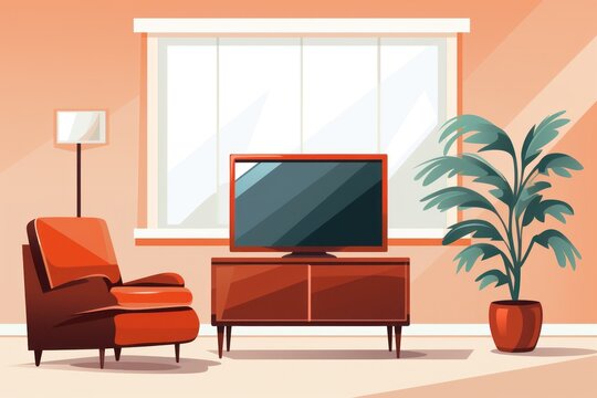 a living room with a tv and a plant