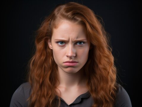 a woman with red hair frowning