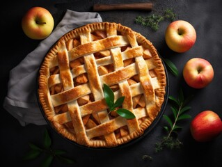 a pie with apples on a black surface