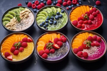a group of bowls of fruit