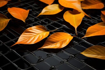 a group of orange leaves on a black surface