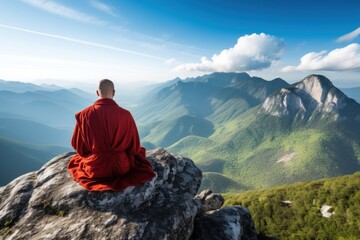 Fototapeta premium a man sitting on a rock looking at a valley