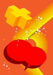 Simple retro 70s lines background with speech bubble and yellow plus sign. Groovy abstract 1970s art template. Buzy Vintage design poster.