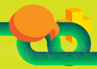 Simple retro 70s lines background with speech bubble and yellow plus sign. Groovy abstract 1970s art template. Buzy Vintage design poster.