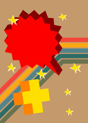 Simple retro 70s lines background with speech bubble and yellow plus sign. Groovy abstract 1970s art template. Buzy Vintage design poster.