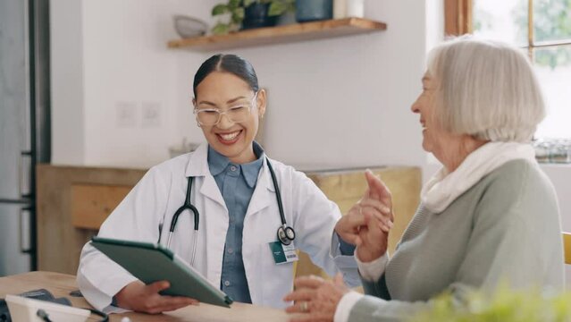 Doctor, woman and high five for healthcare, tablet and advice or communication at home. Elderly person, medical professional and tech for positive results, diagnosis and treatment in retirement