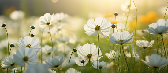 White cosmos flower field in garden with blurry background and soft sunlight. Close up flowers blooming on softness style in spring summer under sunrise