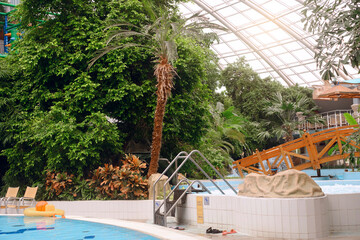 Interior of aquapark. hydromassage in indoor adventure park full of green palm trees with bridge...