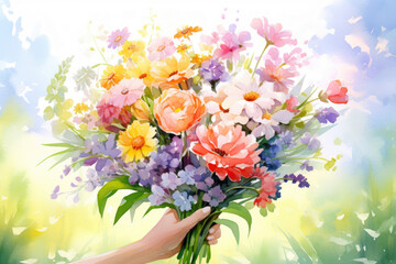 Watercolor illustration of female hand with bouquet of spring flowers