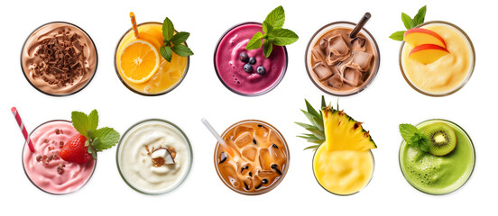 cool drinks set ; smoothie, juice, sparkling water with fresh and beautiful fruits decorated glass top view on white background.