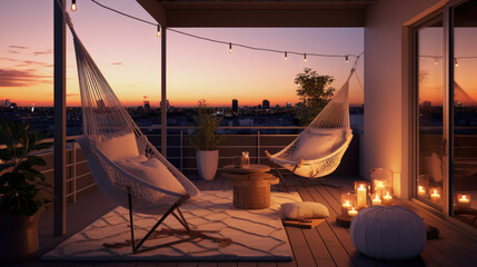 cozy outdoor terrace with outdoor string lights. Autumn evening on the roof terrace of a beautiful house with lanterns,sunset on the beach,  