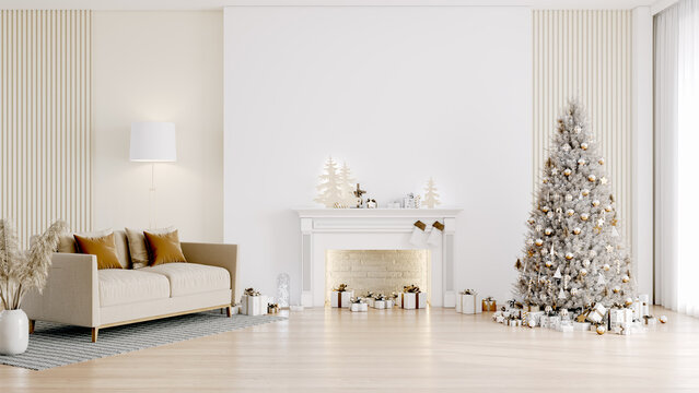Christmas and happy new year with Minimal interior lliving room ,christmas tree ,white wall background ,wood floor ,3d render