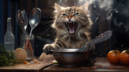 Hungry cat holding a fork with a bowl on the dining table in the kitchen background.