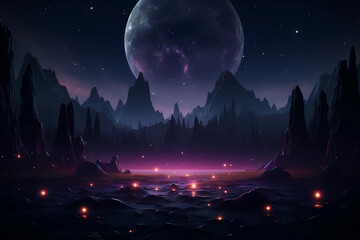 Mystical Fantasy Landscape with Moon and Nebula Reflection Background