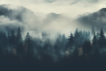 Misty Forest Layers in Ethereal Blues and Greens Background