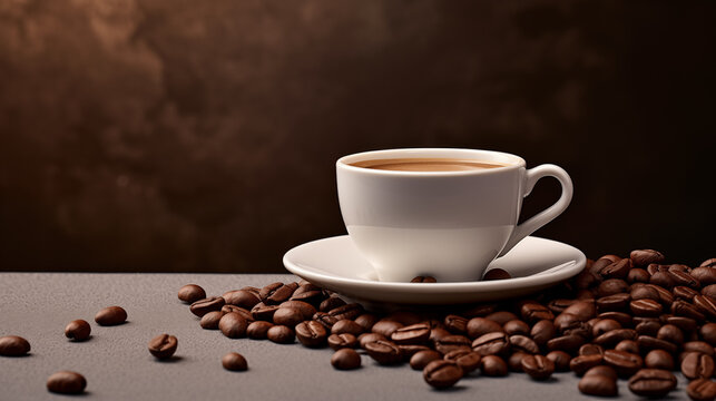 Cup of hot coffee and coffee beans on wood background. Hot espresso with copy space.