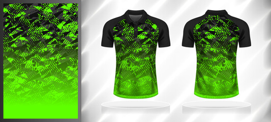 Vector sport pattern design template for Polo T-shirt front and back with short sleeve view mockup. Shades of green-grey-black color gradient abstract geometric texture background illustration. © WK Dannait B