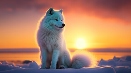 wolf in winter, Arctic Fox sitting in arctic sunset - obrazy, fototapety, plakaty