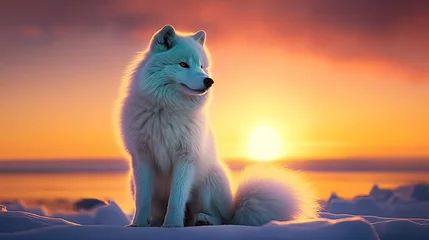Foto op Canvas wolf in winter, Arctic Fox sitting in arctic sunset © Planetz