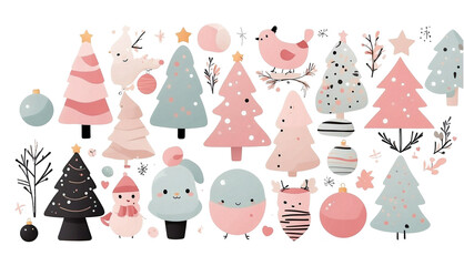 Set of Cute pastel clipart with black line minimalist Christmas theme in translucent background